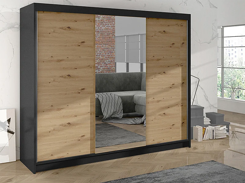 Armario Closico 158, Negro|Roble Artisan, 215x200x58cm, Puertas de armario: Correderas