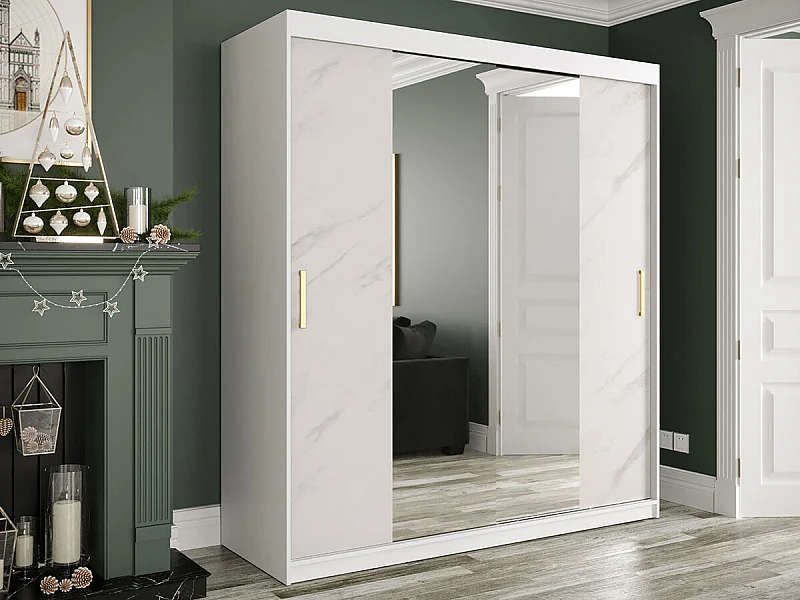 Armoire Hartford 255, Marbre blanc|Mat blanc, 200x180x62cm, Nombre d'étagères: 7