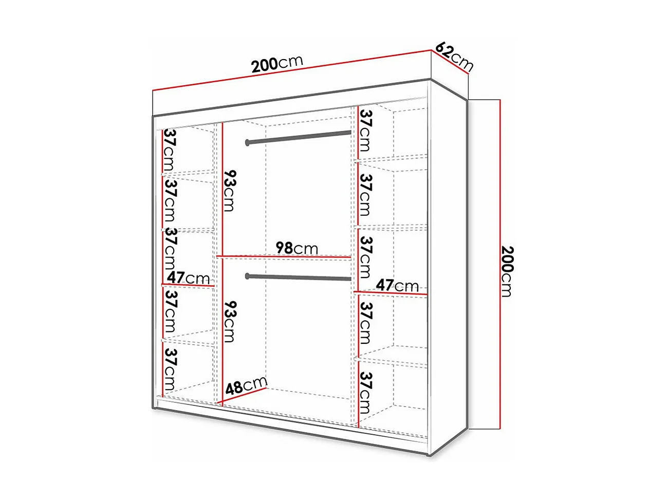 Armario Hartford 314, Negro|Roble Artisan, 200x200x62cm, Puertas de armario: Correderas