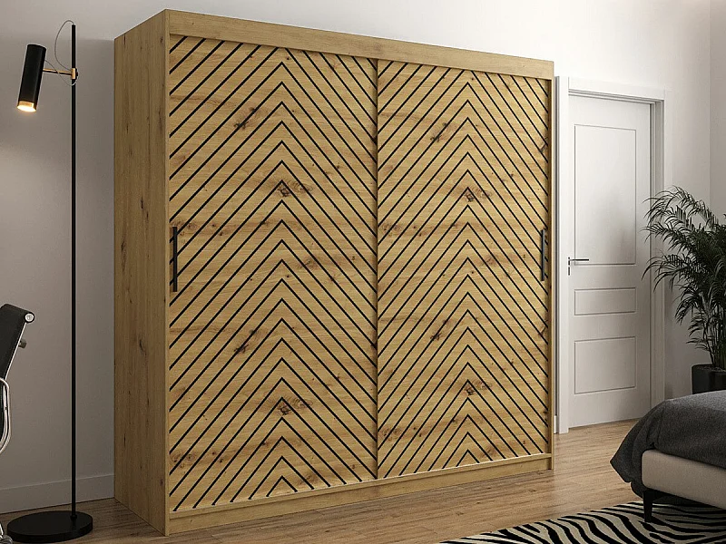 Armoire Hartford 314, Noir|Chêne Artisan, 200x200x62cm, Portes d'armoire: Coulissantes
