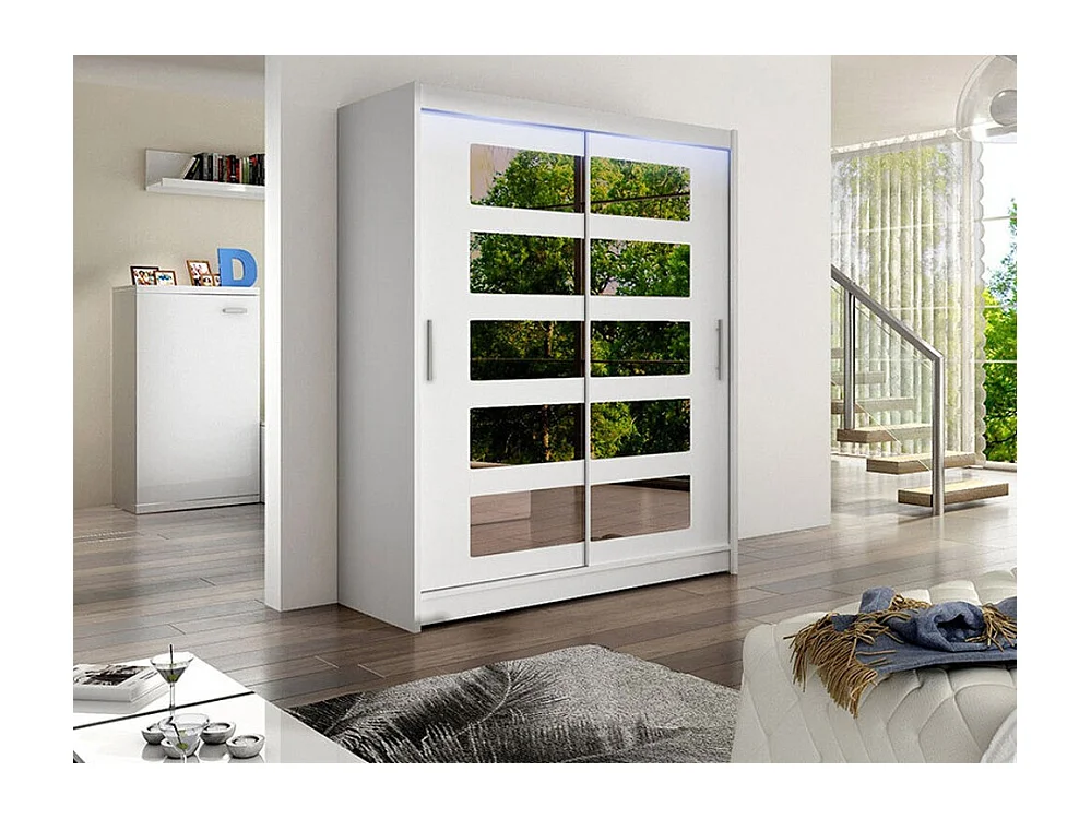 Armoire Closico 114, Blanc, 200x150x58cm, Portes d'armoire: Coulissantes