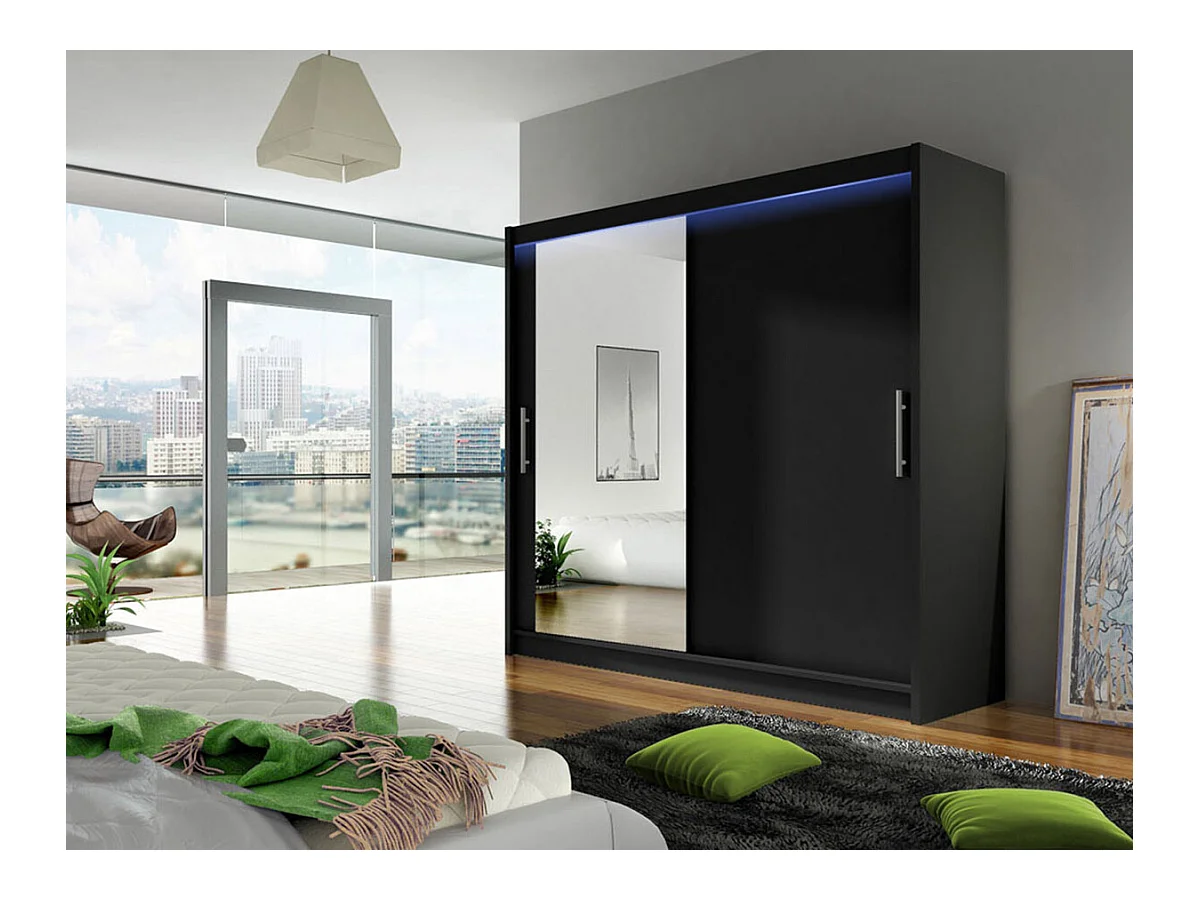 Armoire Closico 107, Noir, 215x180x58cm, Portes d'armoire: Coulissantes