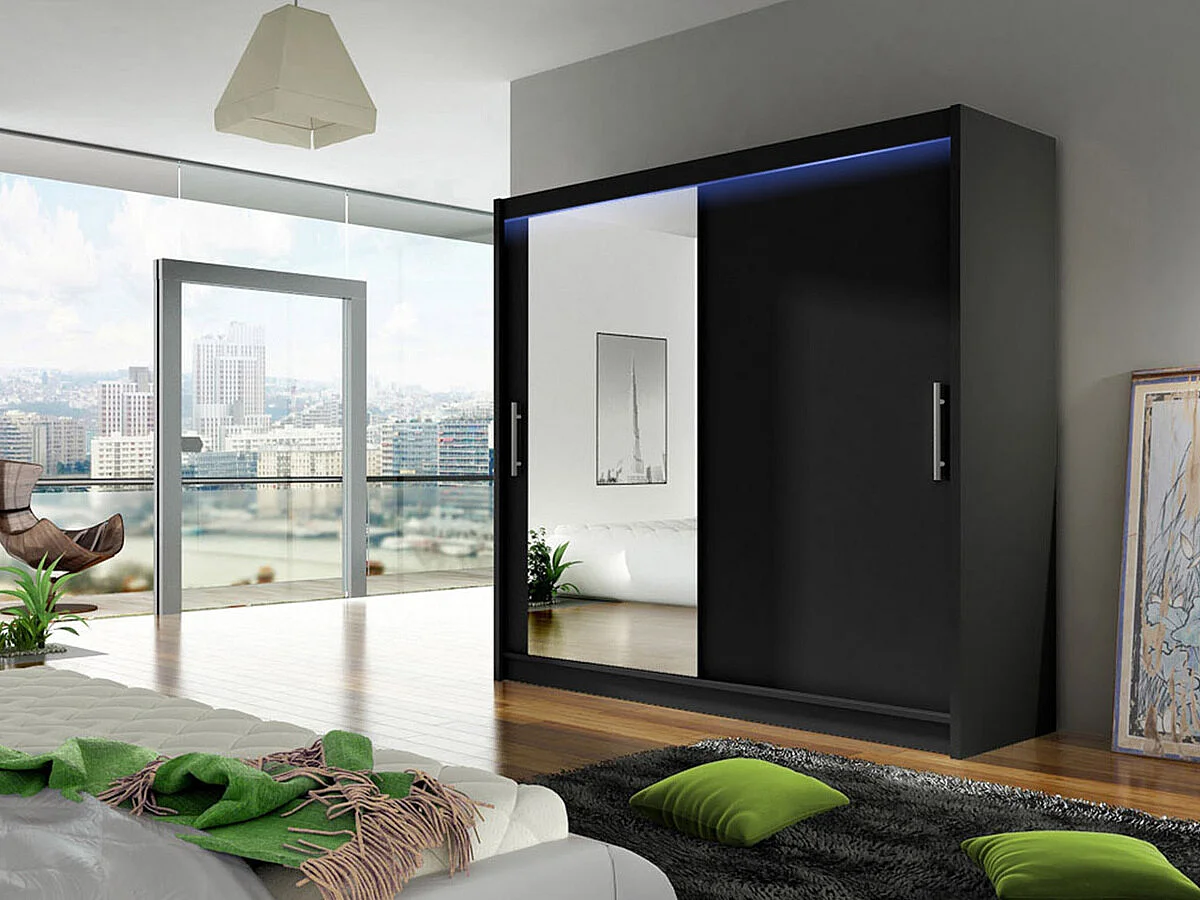 Armoire Closico 107, Noir, 215x180x58cm, Portes d'armoire: Coulissantes