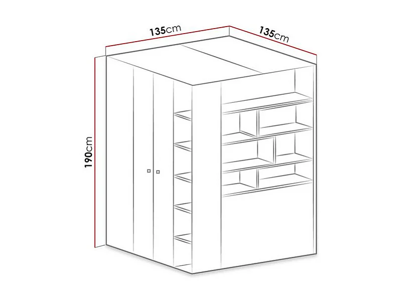 Armoire d'angle Camteso 113, Chêne|Noir|Beige, 190x135x135cm, Nombre d'étagères: 12
