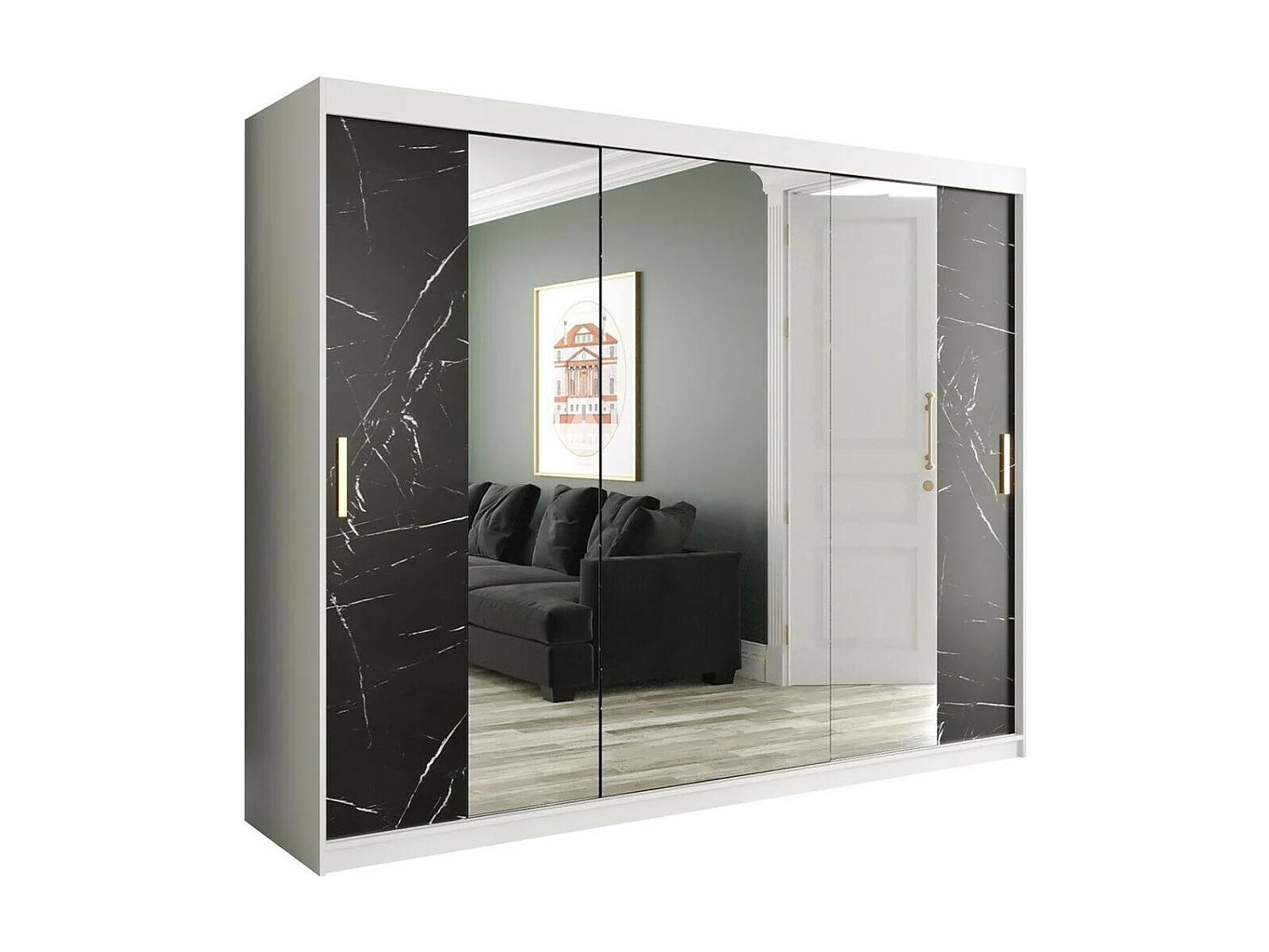 Armoire Hartford 263, Marbre noir|Mat blanc, 200x250x62cm, Portes d'armoire: Coulissantes