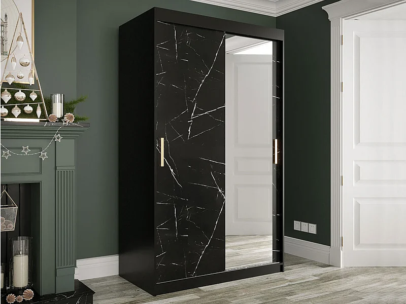 Armoire Hartford 259, Marbre noir|Noir mat, 200x120x62cm, Portes d'armoire: Coulissantes