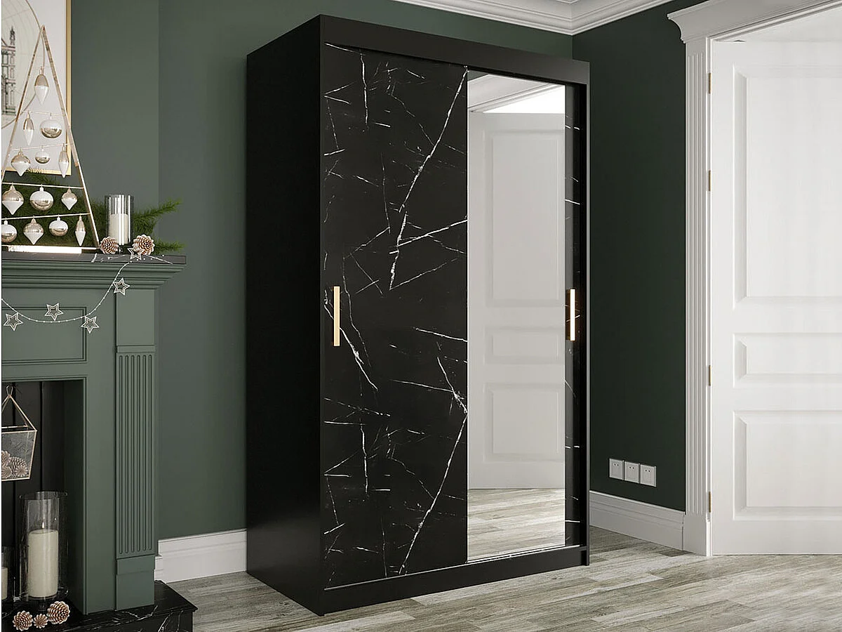 Armoire Hartford 259, Marbre noir|Noir mat, 200x120x62cm, Portes d'armoire: Coulissantes
