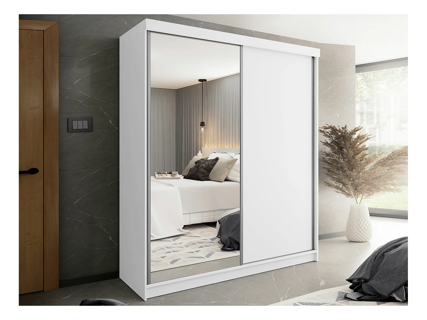 Armoire Dover 107, Blanc, 200x200x62cm, Portes d'armoire: Coulissantes