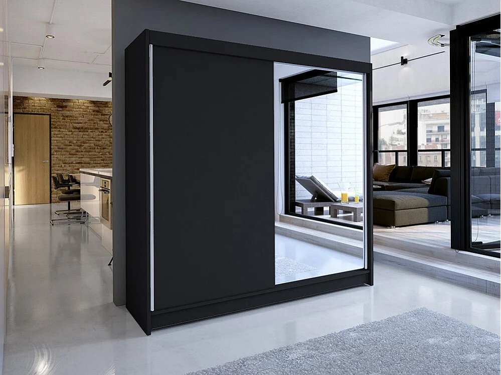 Armario Closico 137, Negro, 215x180x58cm, Puertas de armario: Correderas
