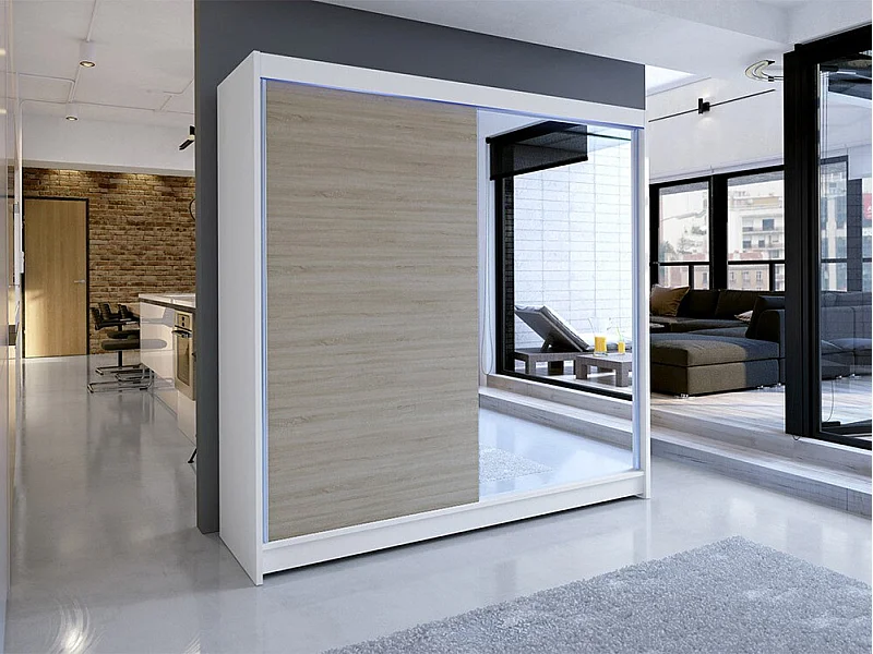 Armario Closico 137, Blanco|Roble Sonoma, 215x180x58cm, Puertas de armario: Correderas