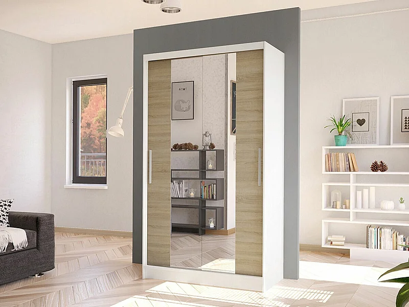Armoire Closico 163, Sonoma chêne|Blanc, 200x100x58cm, Portes d'armoire: Coulissantes