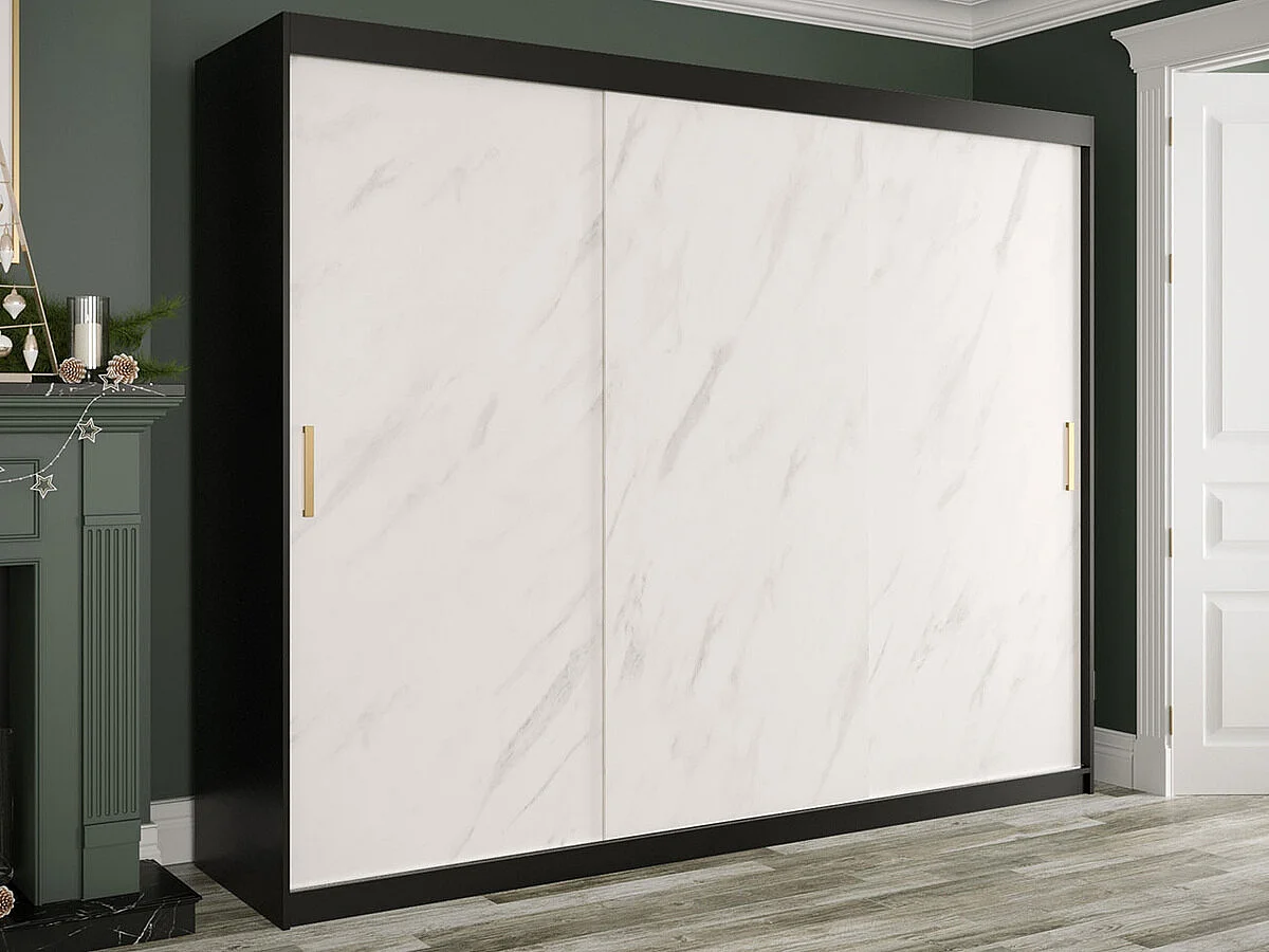 Armoire Hartford 251, Marbre blanc|Noir mat, 200x250x62cm, Portes d'armoire: Coulissantes