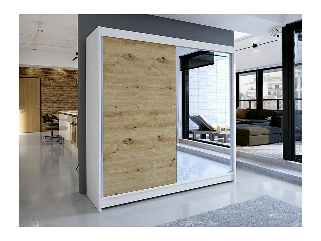 Guardaroba Closico 137, Bianco|Rovere Artisan, 215x180x58cm, Porte guardaroba: Scorrevoli