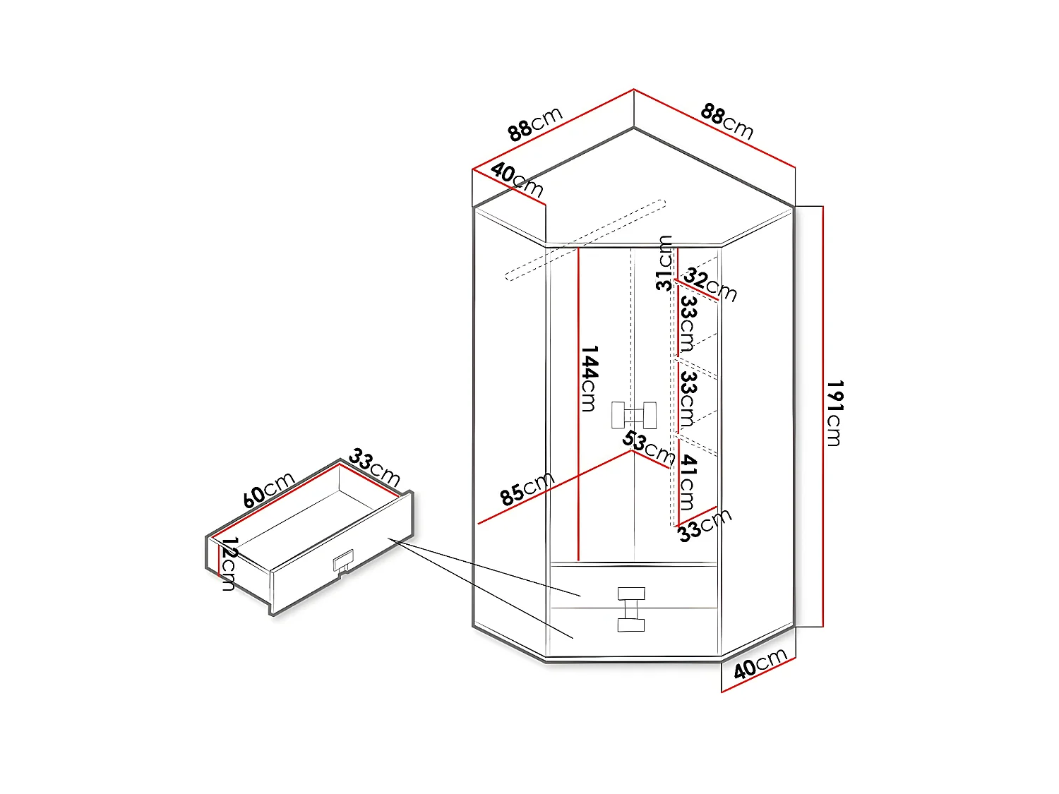 Armoire d'angle Florevi 114, Chêne Artisan|Blanc brillant, 191x88x88cm