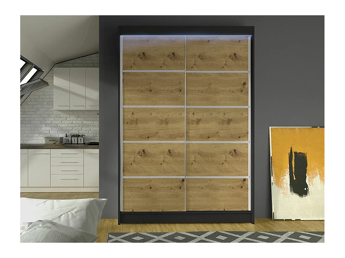 Armoire Closico 150, Noir|Chêne Artisan, 200x120x58cm, Portes d'armoire: Coulissantes