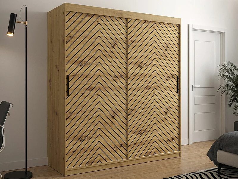 Armoire Hartford 312, Noir|Chêne Artisan, 200x180x62cm, Portes d'armoire: Coulissantes