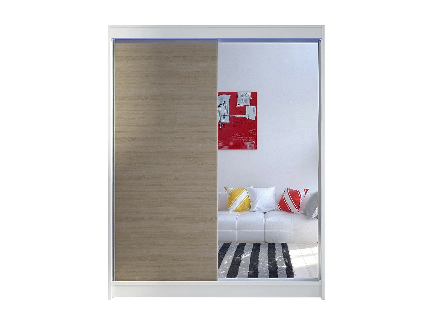 Armoire Closico 140, Sonoma chêne|Blanc, 200x150x58cm, Portes d'armoire: Coulissantes