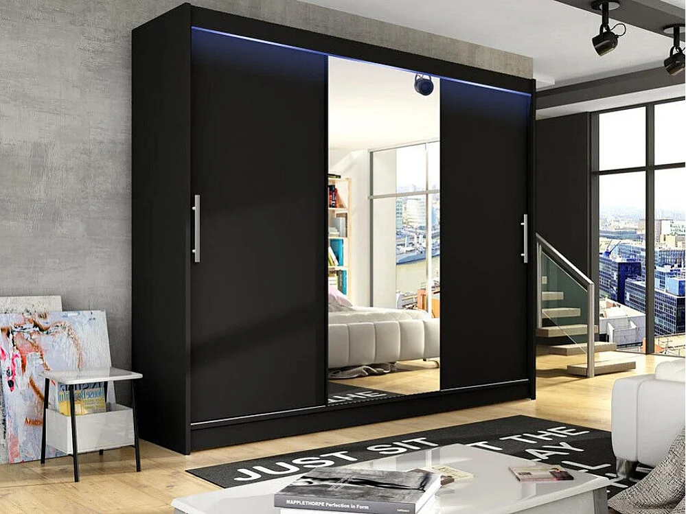 Armoire Closico 122, Noir, 215x250x58cm, Portes d'armoire: Coulissantes