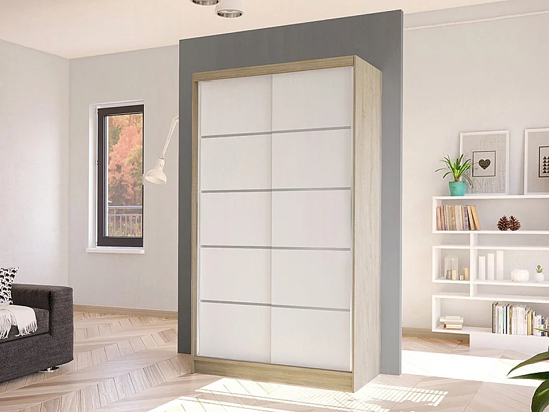 Armario Closico 167, Blanco|Roble Sonoma, 200x100x58cm, Puertas de armario: Correderas