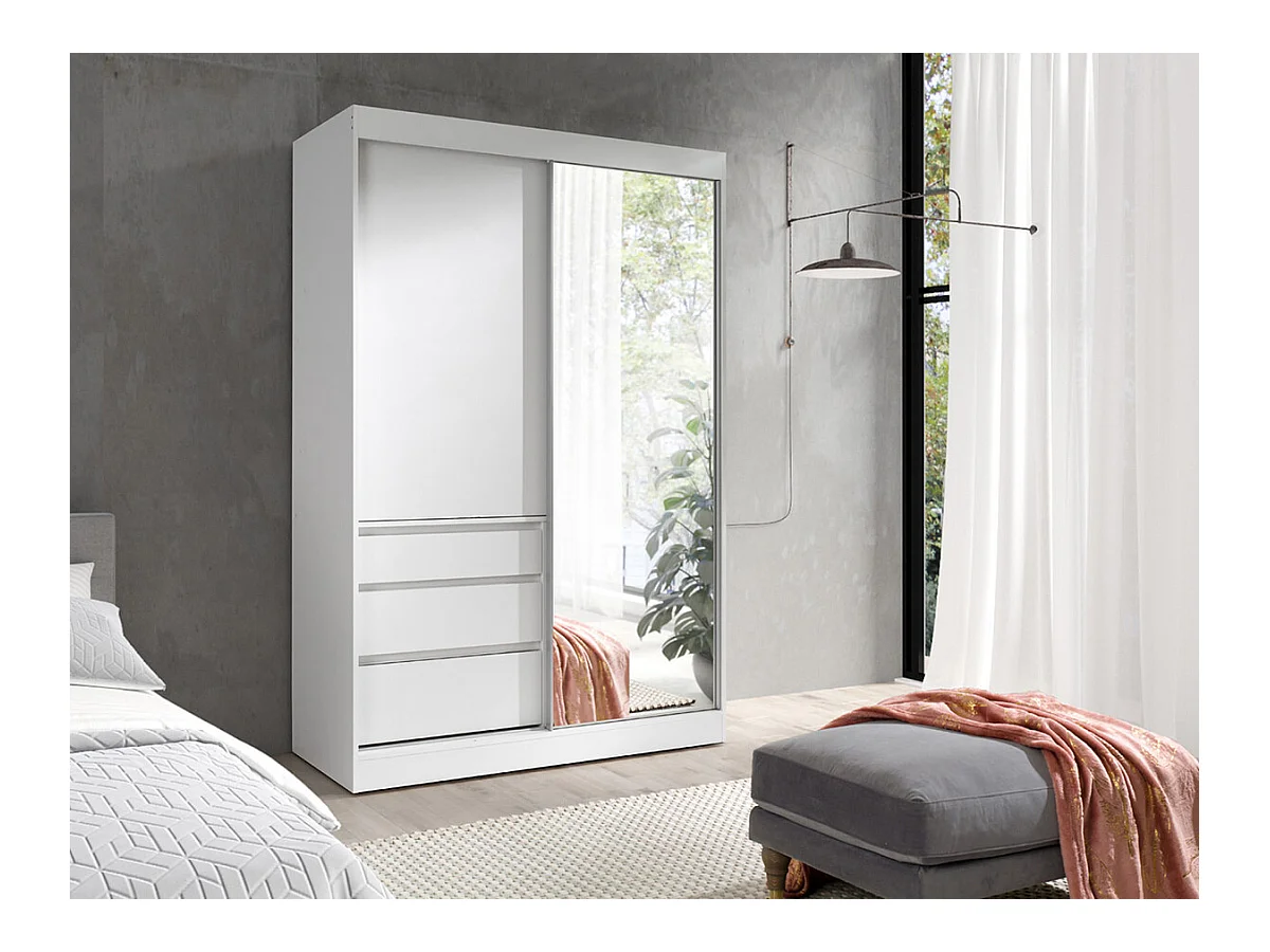 Armoire Toledo 115, Blanc, 216x140x65cm, Portes d'armoire: Coulissantes