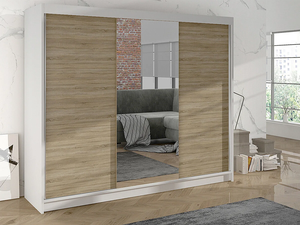 Armoire Closico 158, Blanc|Sonoma chêne, 215x200x58cm, Portes d'armoire: Coulissantes