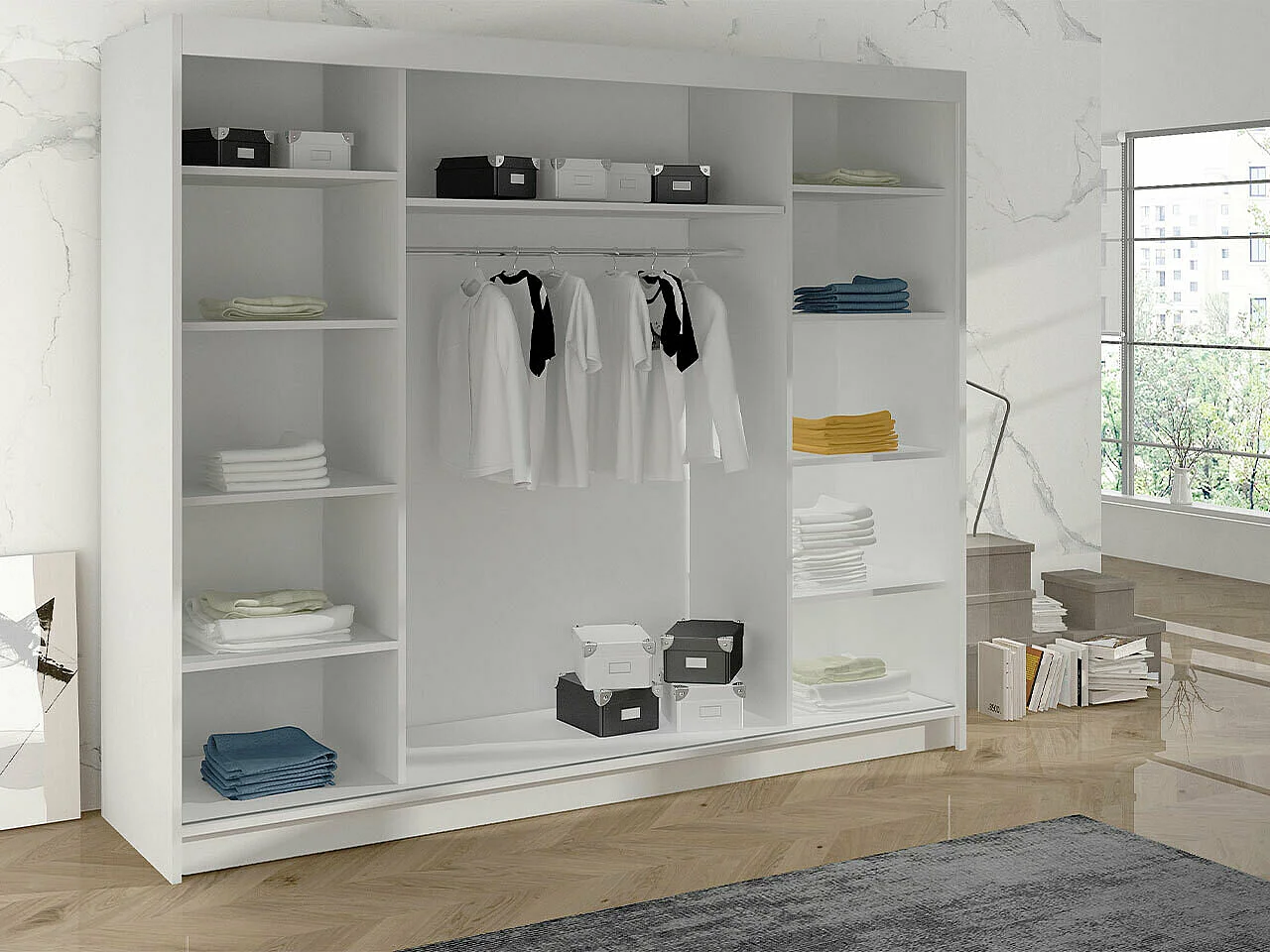 Armoire Closico 158, Blanc|Sonoma chêne, 215x200x58cm, Portes d'armoire: Coulissantes