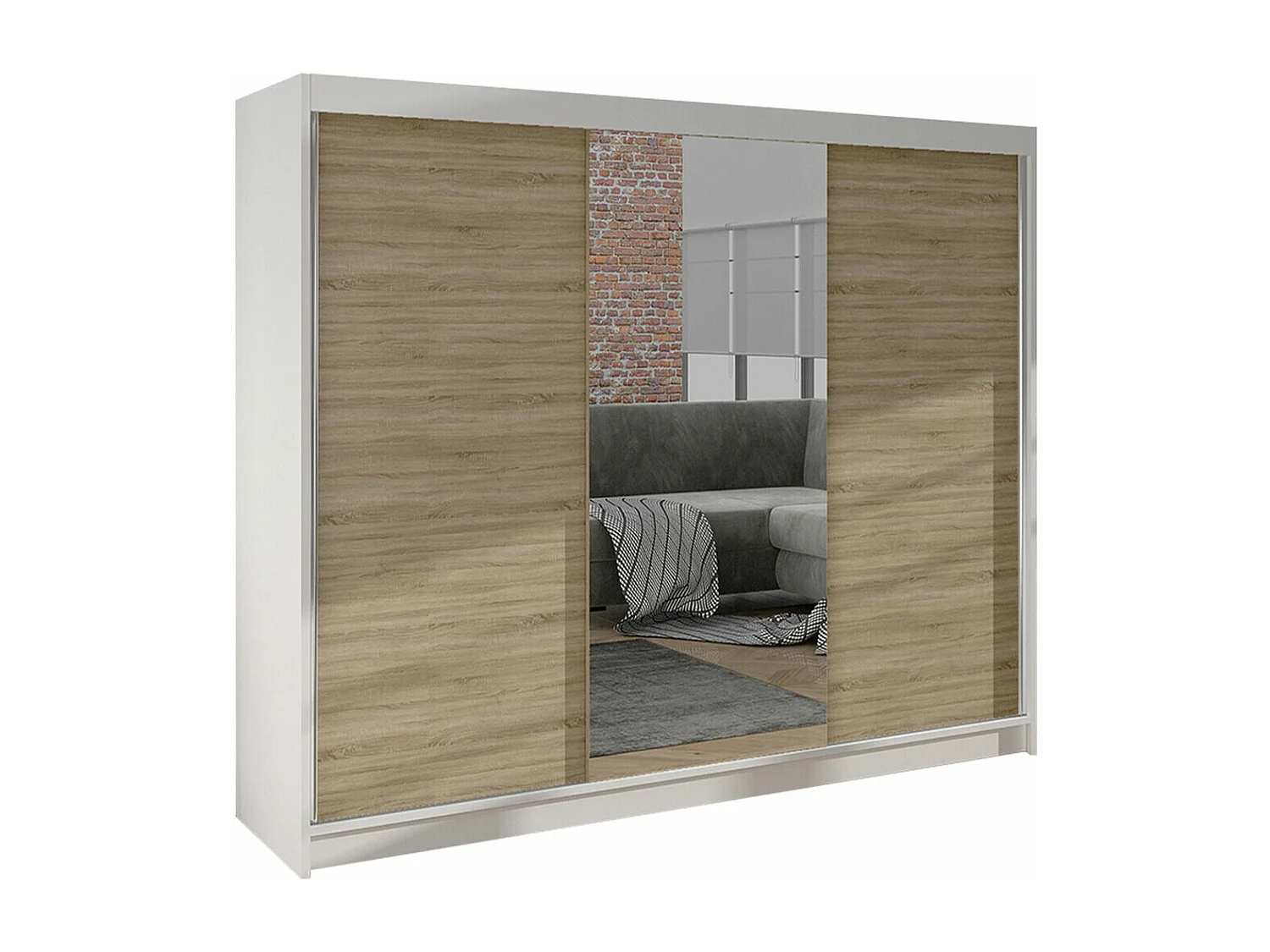 Armoire Closico 158, Blanc|Sonoma chêne, 215x200x58cm, Portes d'armoire: Coulissantes