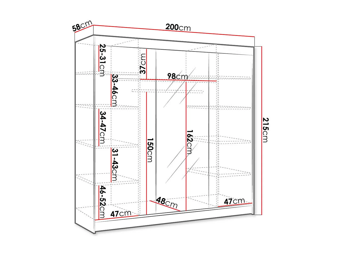 Armoire Closico 158, Blanc|Sonoma chêne, 215x200x58cm, Portes d'armoire: Coulissantes