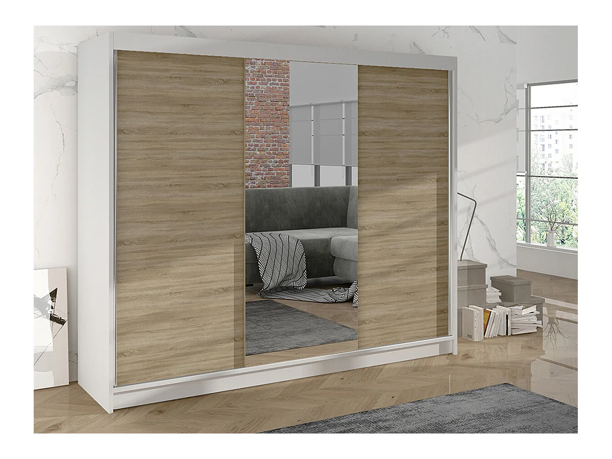 Guardaroba Closico 158, Sonoma quercia|Bianco, 215x200x58cm, Porte guardaroba: Scorrevoli