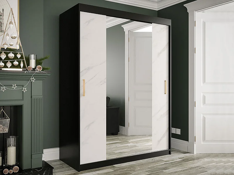 Armario Hartford 254, Negro mate|Mármol blanco, 200x150x62cm, Número de estantes: 4