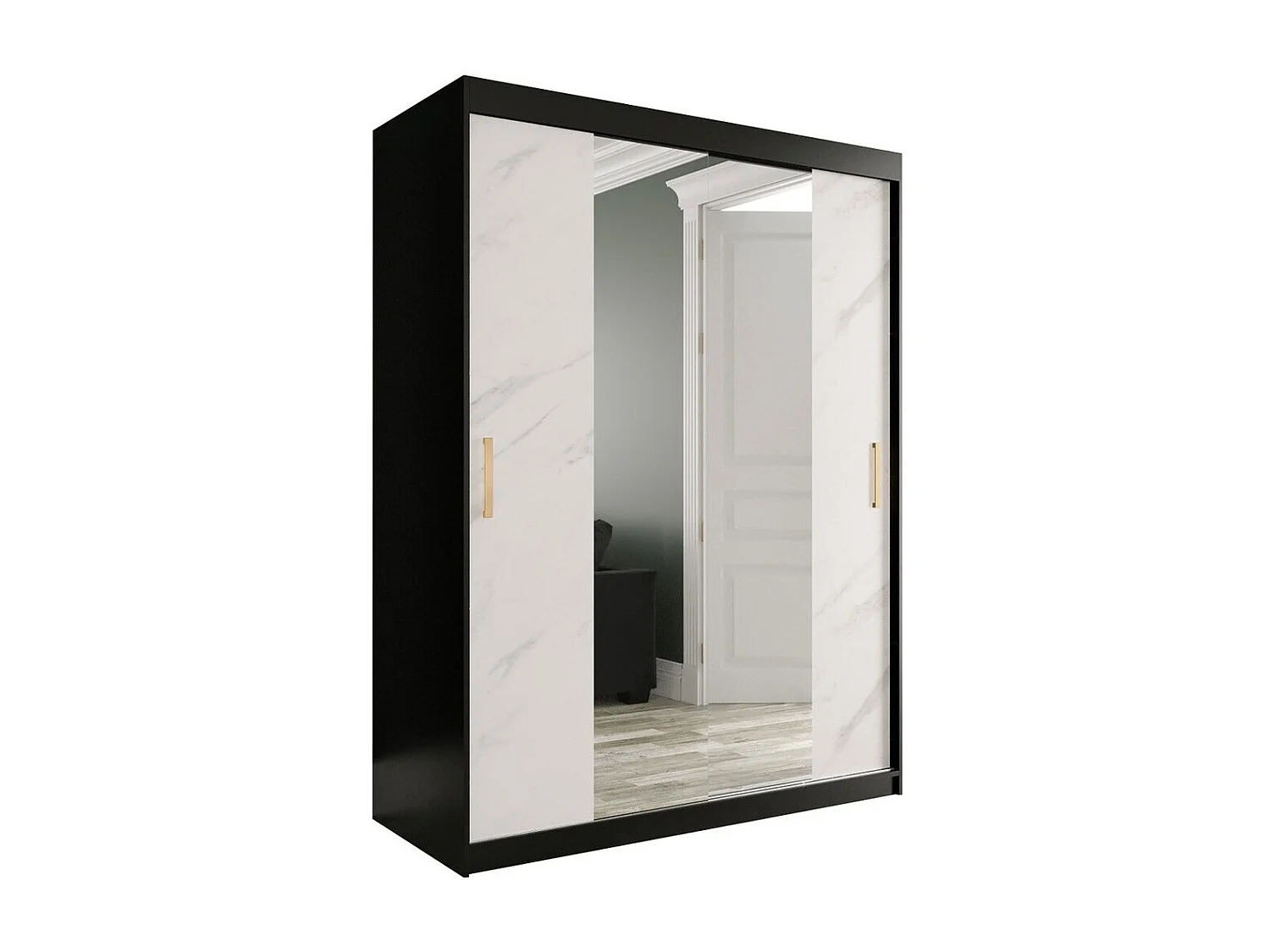 Armario Hartford 254, Negro mate|Mármol blanco, 200x150x62cm, Número de estantes: 4