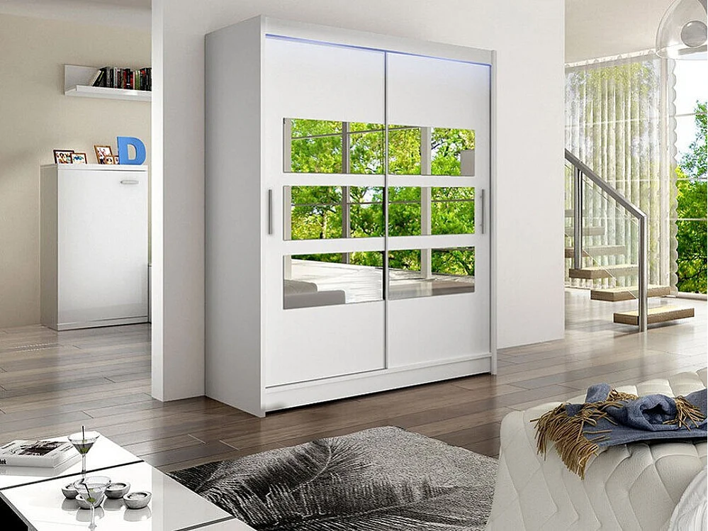 Armoire Closico 157, Blanc, 200x150x58cm, Portes d'armoire: Coulissantes