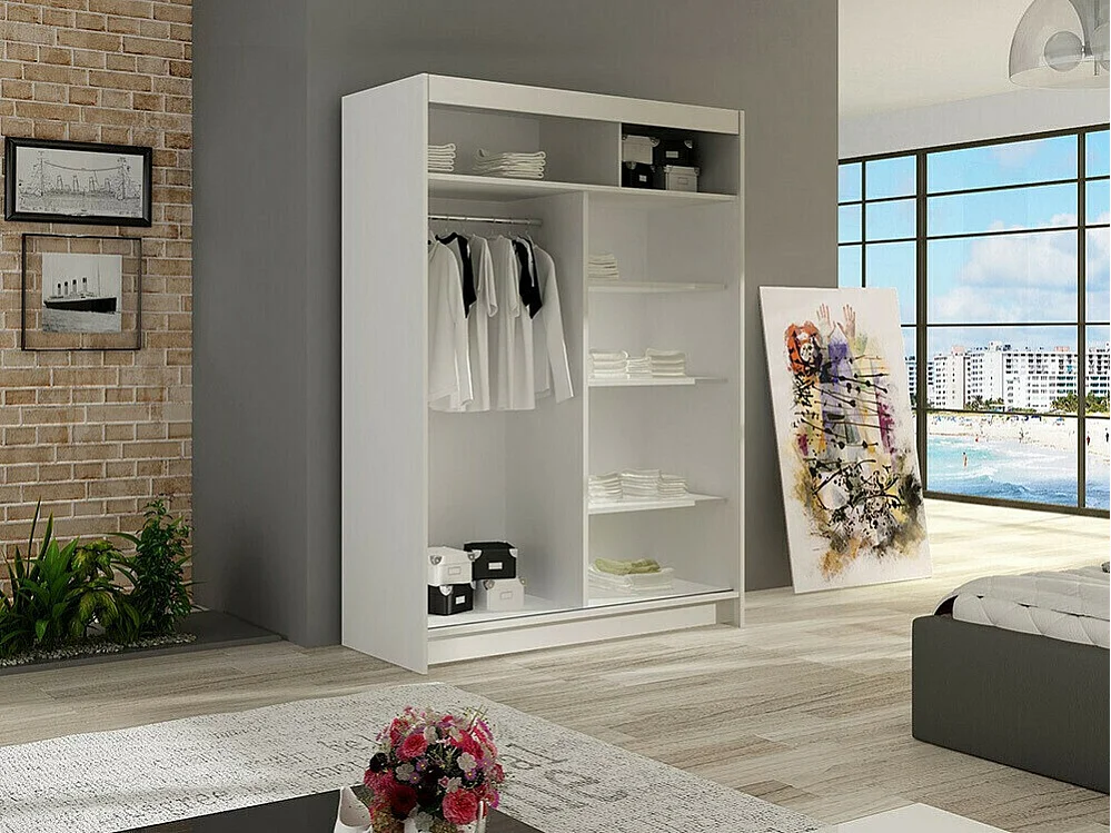 Armoire Closico 139, Blanc, 200x120x58cm, Portes d'armoire: Coulissantes