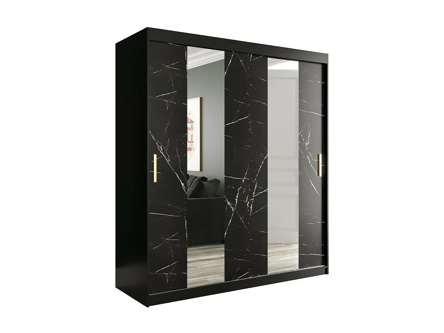 Armario Hartford 243, Negro mate|Mármol negro, 200x180x62cm, Número de estantes: 7