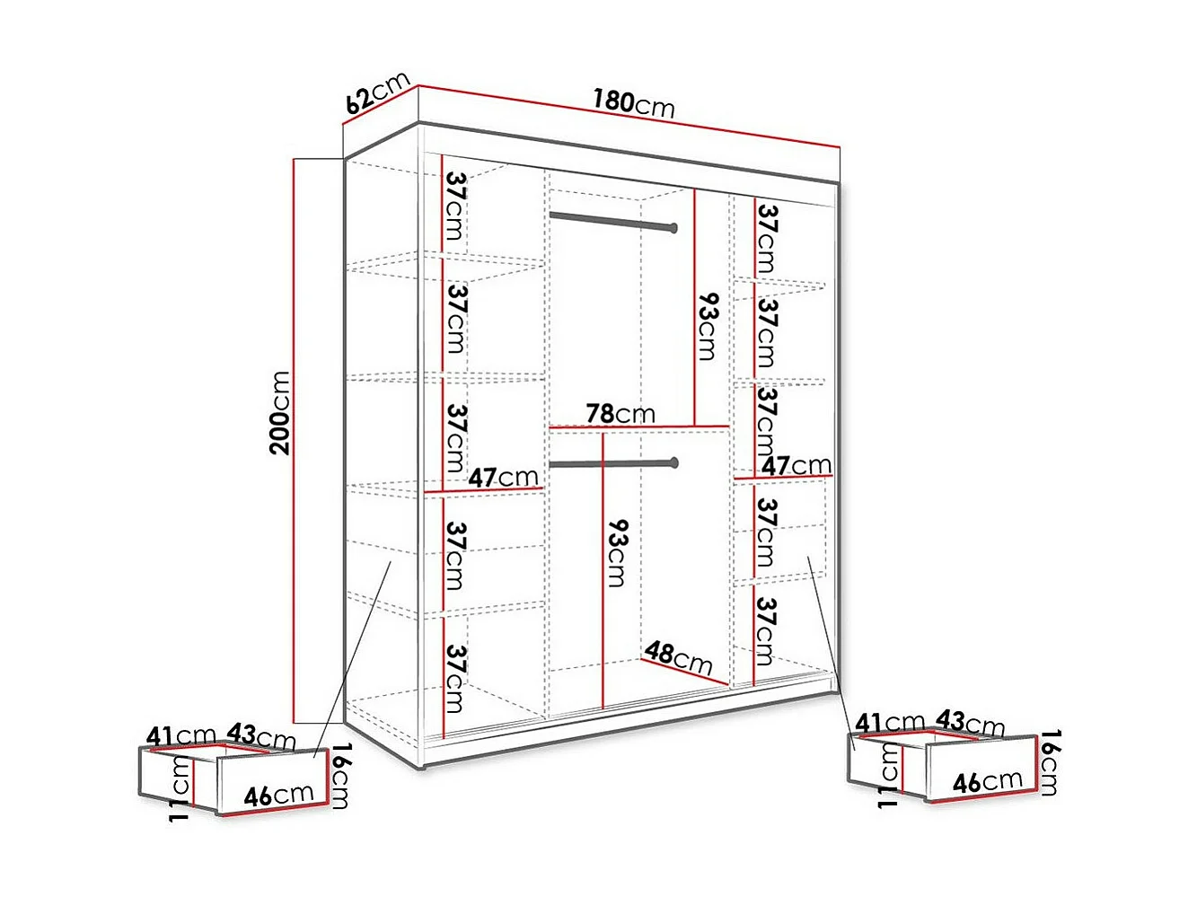 Armario Hartford 243, Negro mate|Mármol negro, 200x180x62cm, Número de estantes: 7