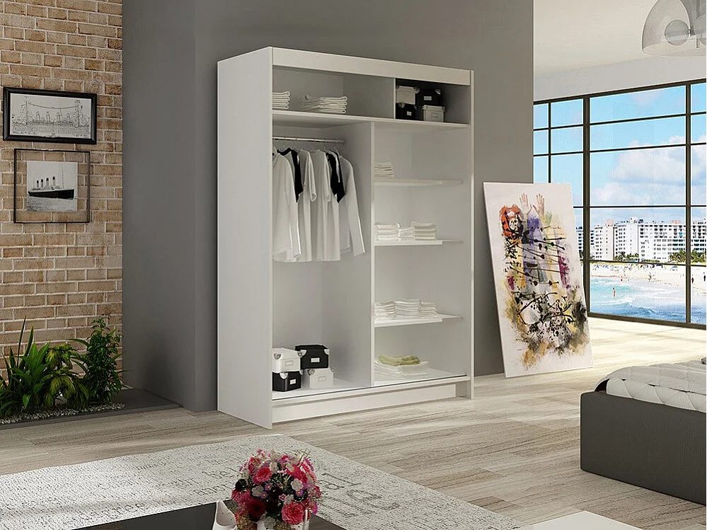 Armoire Closico 139, Blanc, 200x120x58cm, Portes d'armoire: Coulissantes