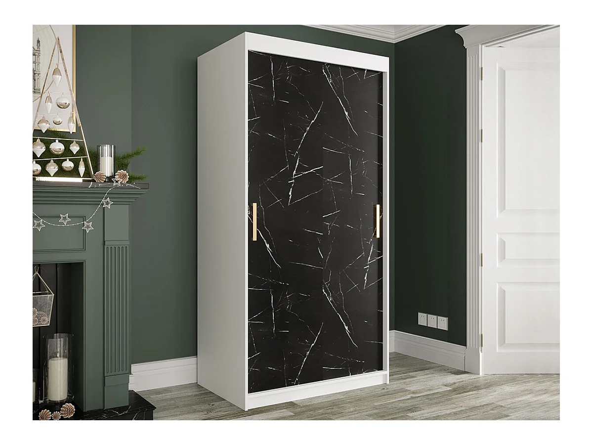 Armoire Hartford 246, Marbre noir|Mat blanc, 200x100x62cm, Portes d'armoire: Coulissantes
