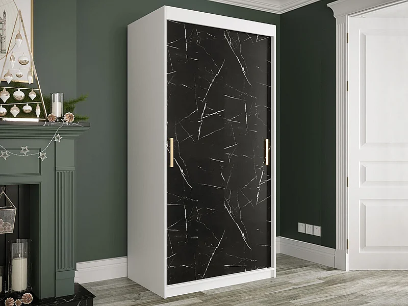 Armario Hartford 246, Mate blanco|Mármol negro, 200x100x62cm, Número de estantes: 4