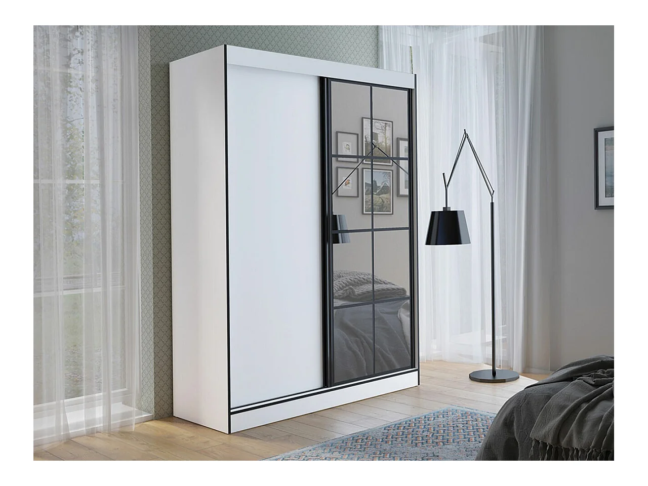 Armoire Toledo 118, Blanc|Noir, 216x150x65cm, Portes d'armoire: Coulissantes