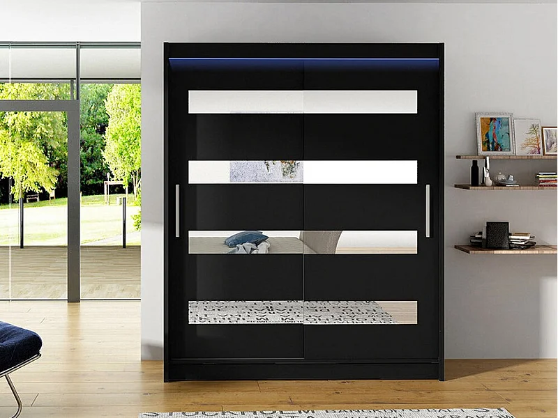 Armoire Closico 136, Noir, 200x150x58cm, Portes d'armoire: Coulissantes