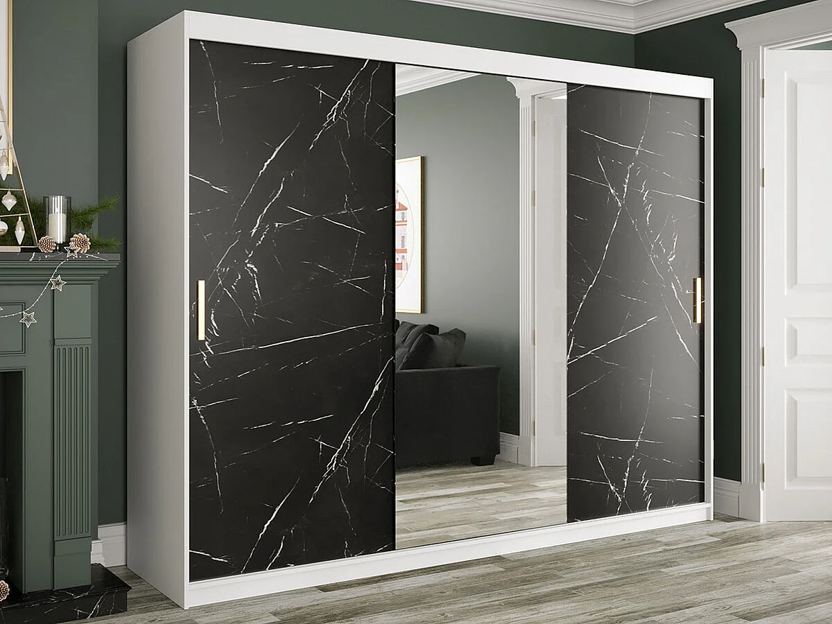 Armario Hartford 257, Mármol negro|Mate blanco, 200x250x62cm, Número de estantes: 9