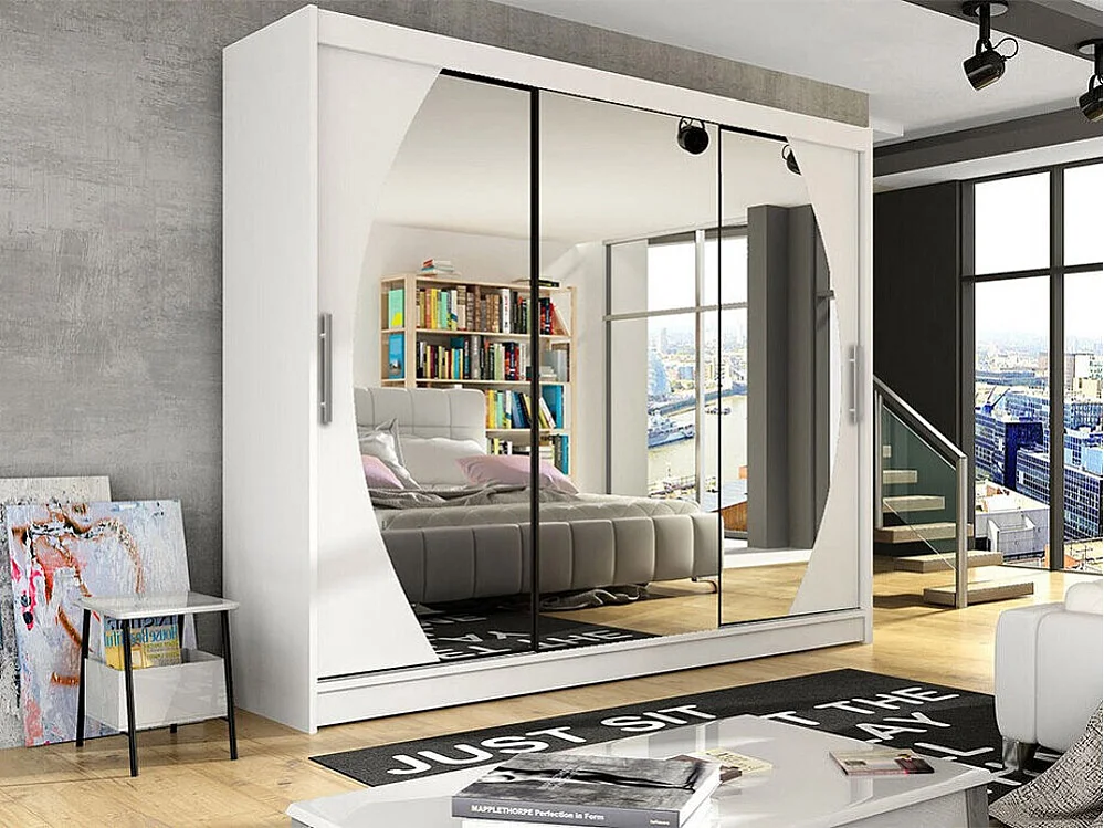 Armoire Closico 130, Blanc, 215x250x58cm, Portes d'armoire: Coulissantes