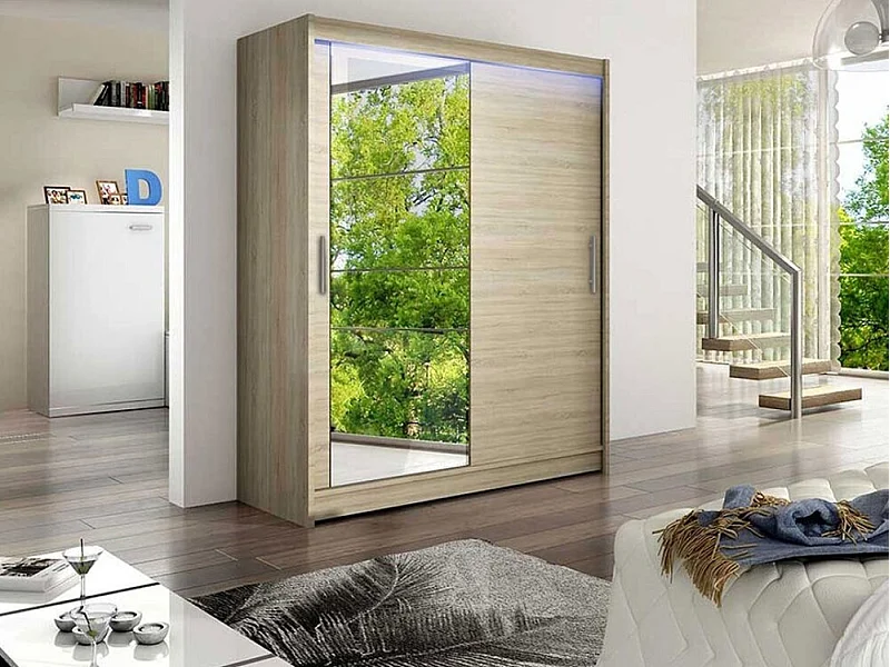 Armario Closico 112, Roble Sonoma, 200x150x58cm, Puertas de armario: Correderas