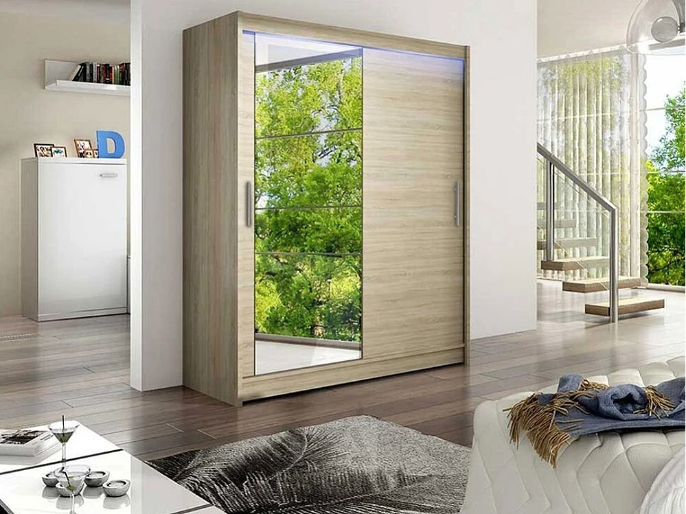 Armario Closico 112, Roble Sonoma, 200x150x58cm, Puertas de armario: Correderas