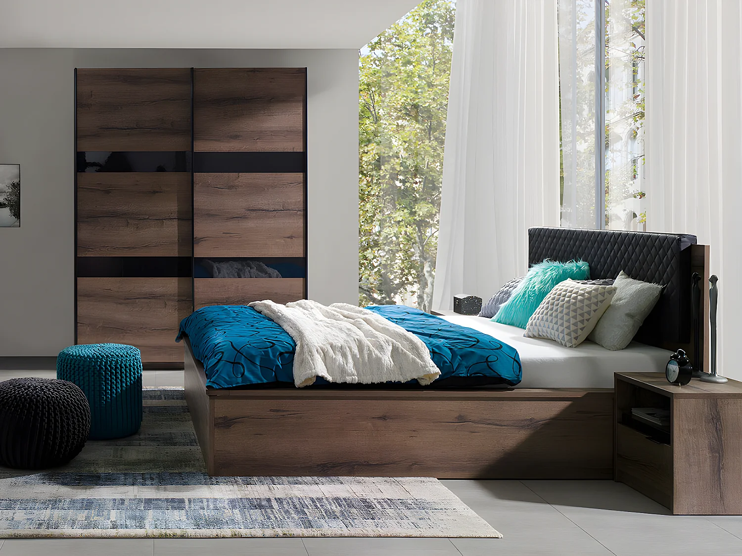 Armario Fivelbo 109, Negro brillante|Roble del Monastery, 215x150x69cm