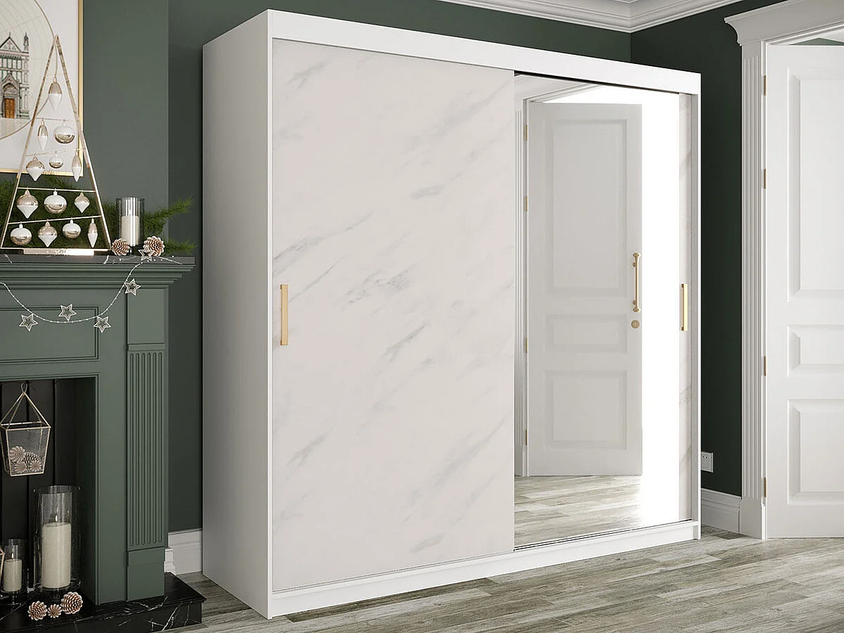 Armoire Hartford 262, Marbre blanc|Mat blanc, 200x200x62cm, Nombre d'étagères: 9