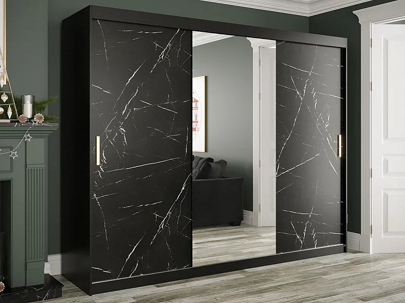 Armoire Hartford 257, Marbre noir|Noir mat, 200x250x62cm, Portes d'armoire: Coulissantes