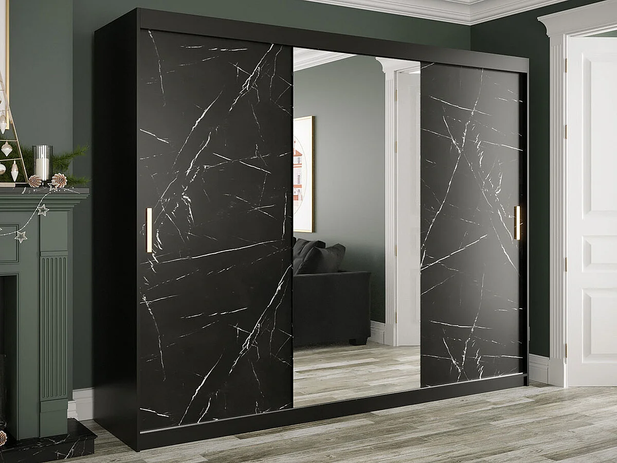 Armoire Hartford 257, Noir mat|Marbre noir, 200x250x62cm, Portes d'armoire: Coulissantes