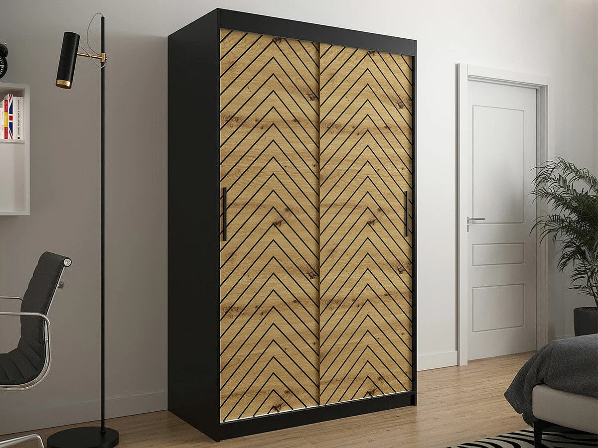Armoire Hartford 308, Noir|Chêne Artisan, 200x120x62cm, Portes d'armoire: Coulissantes