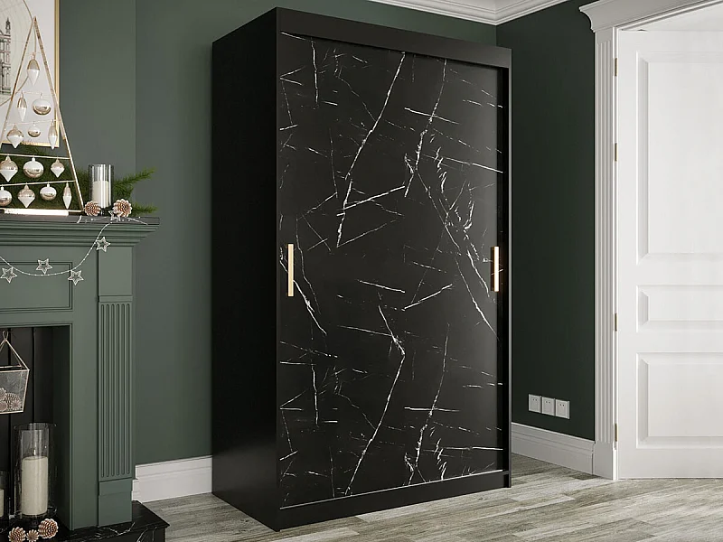 Armoire Hartford 247, Marbre noir|Noir mat, 200x120x62cm, Portes d'armoire: Coulissantes